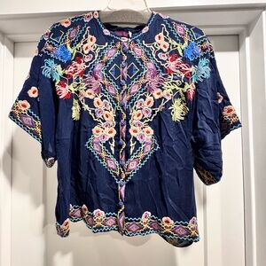 Johnny Was Embroidered Navy Blue Women's Top
